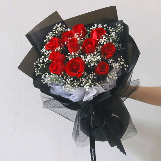 11枝紅玫瑰滿天星花束 香港鮮花即日配送